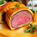 Plated Beef Wellington with herbs and colorful vegetables.