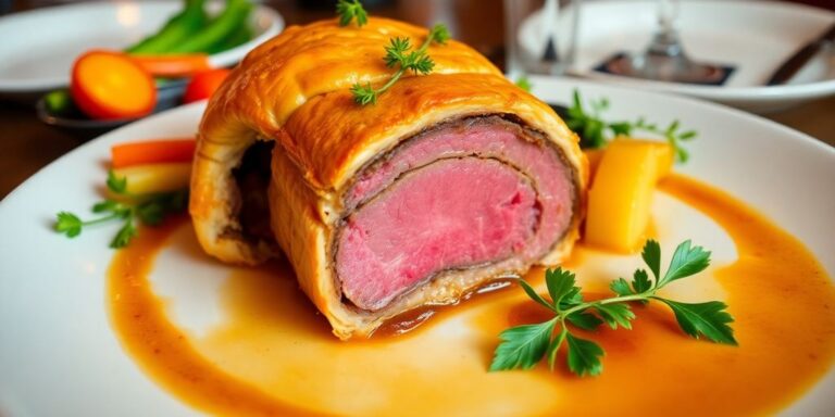 Plated Beef Wellington with herbs and colorful vegetables.