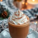 Cup of hot chocolate with whipped cream and cocoa.