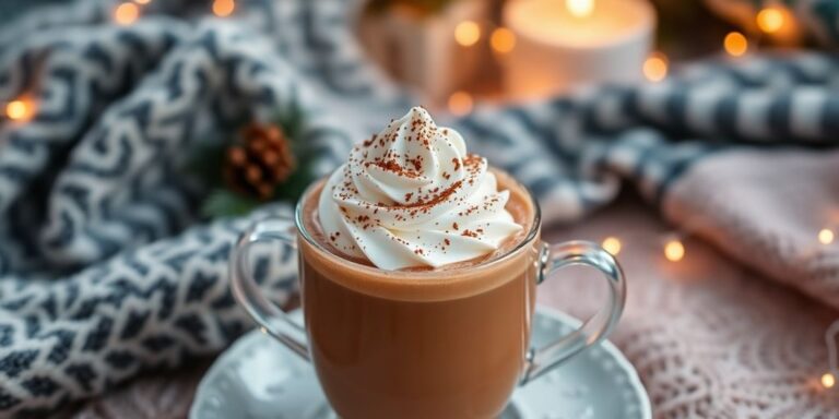 Cup of hot chocolate with whipped cream and cocoa.