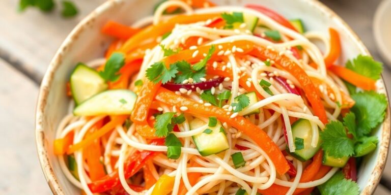 Bowl of colorful Asian noodle salad with fresh vegetables.