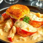 Plated Lobster Thermidor with creamy sauce and herbs.