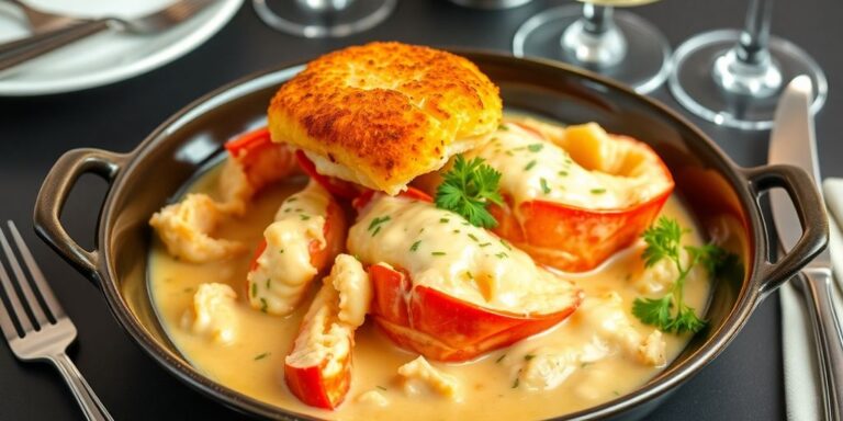 Plated Lobster Thermidor with creamy sauce and herbs.