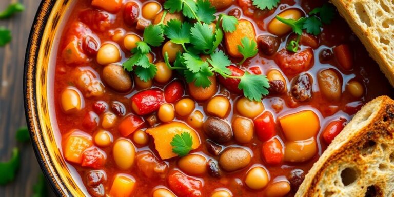 Bowl of colorful vegan chili with fresh ingredients.