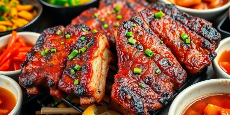 Grilled Korean BBQ short ribs with colorful garnishes.