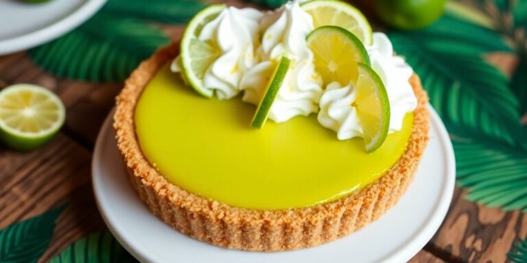 Close-up of key lime pie with whipped cream and lime.