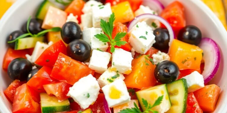 Colorful Greek salad with tomatoes, cucumbers, and feta cheese.