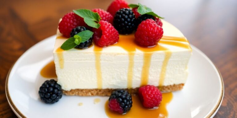 Creamy cheesecake topped with fresh berries and caramel.