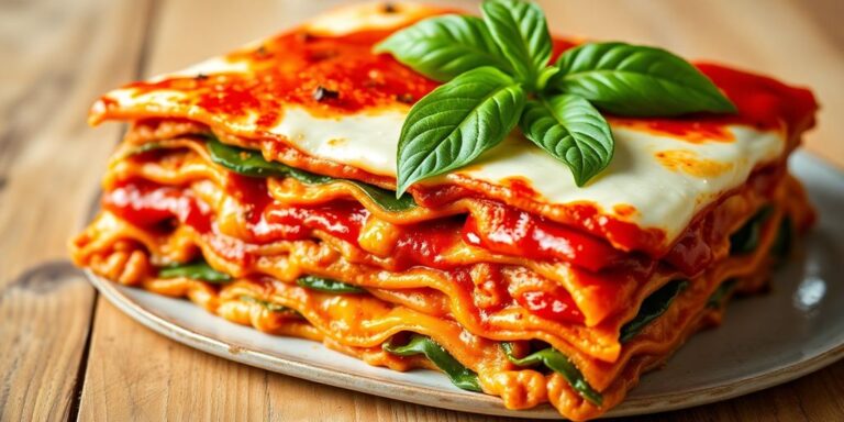 Colorful vegan lasagna with layers of vegetables and sauce.