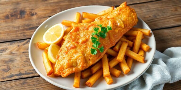 Plate of fish and chips with lemon and parsley.