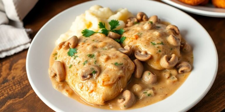 Plate of Chicken Marsala with mushrooms and mashed potatoes.