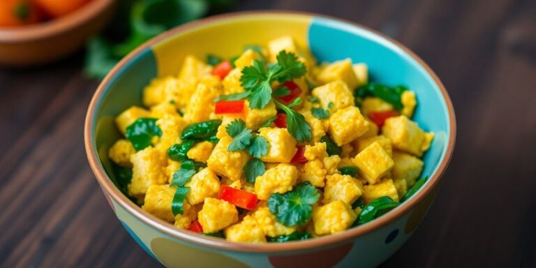 Colorful tofu scramble with vegetables in a bowl.