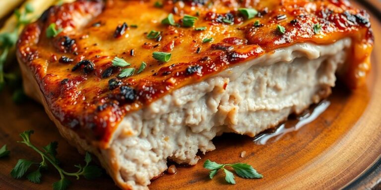 Crispy and juicy pork chop on a wooden plate.