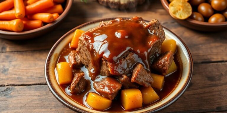 A hearty pot roast with vegetables on a wooden table.