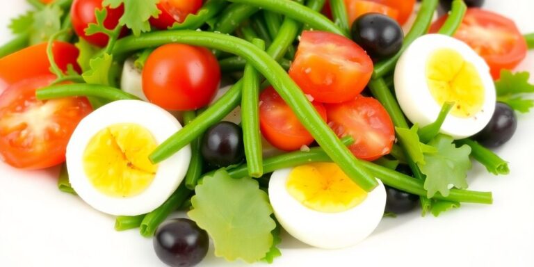 Colorful Nicoise salad with fresh vegetables and eggs.