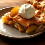 Slice of apple pie with ice cream on wooden table.