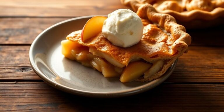 Slice of apple pie with ice cream on wooden table.