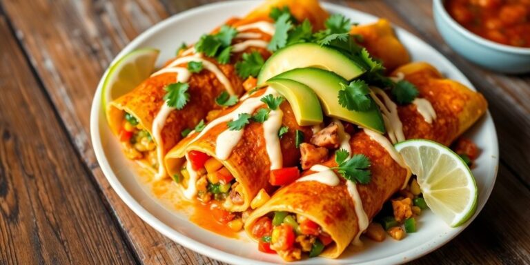 Colorful vegan enchiladas with avocado and cilantro garnish.