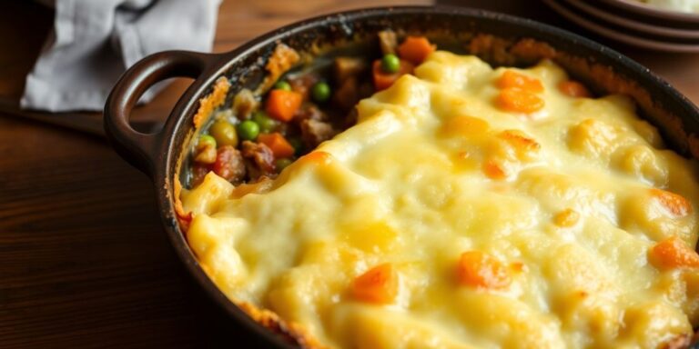 Vegan shepherd's pie with mashed potatoes and vegetables.