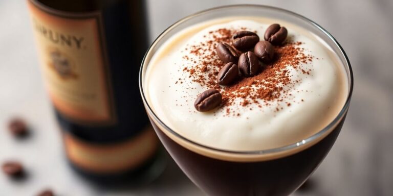 Espresso Martini in a glass with coffee beans garnish.