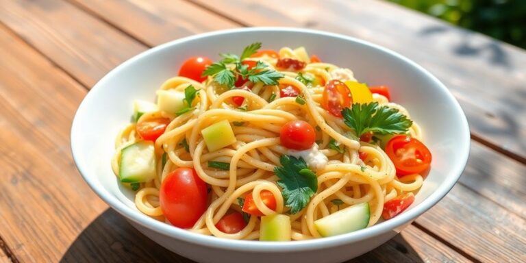 Colorful pasta salad with vegetables in a bowl.