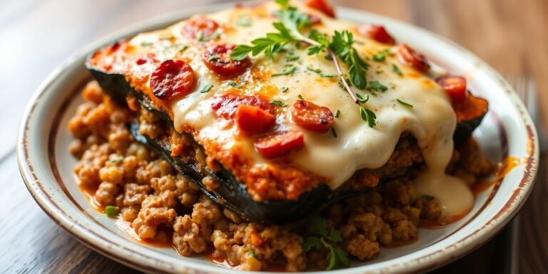 Delicious moussaka with layers of eggplant and meat.