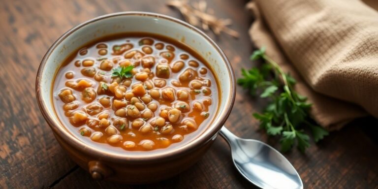 Bowl of hearty lentil soup with fresh herbs.