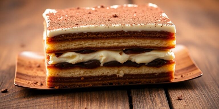 A slice of tiramisu on a wooden table.