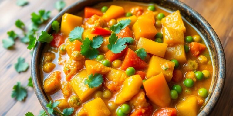 Vegan curry with colorful vegetables in a bowl.