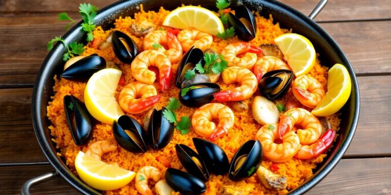 Colorful seafood paella in a traditional pan.