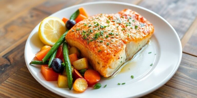 Plated baked salmon with vegetables and lemon wedge.