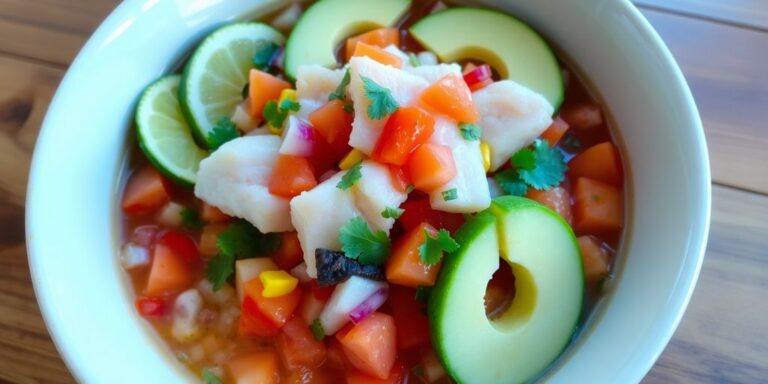 Bowl of fresh ceviche with colorful ingredients.