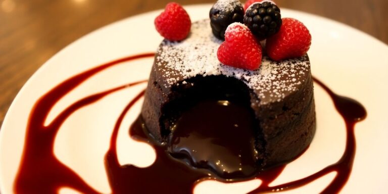 Decadent chocolate lava cake with melted center and berries.