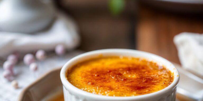 Caramelized crème brûlée in a ramekin.