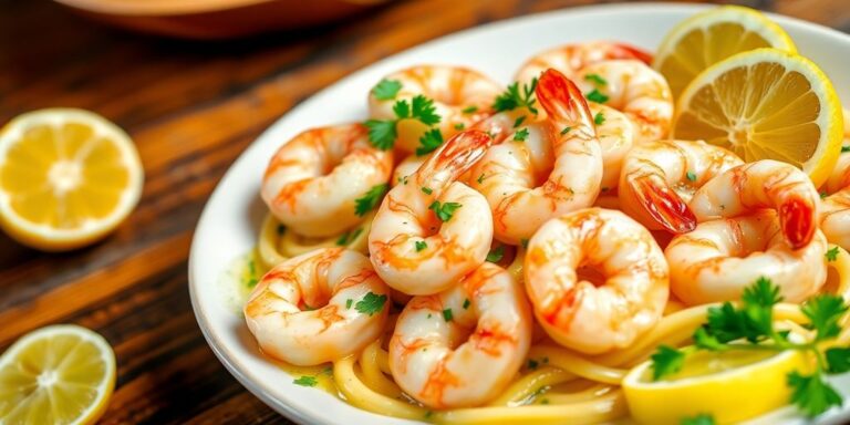 Plate of shrimp scampi with garlic, lemon, and parsley.