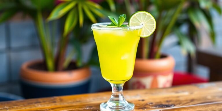 A vibrant margarita cocktail on a wooden table.