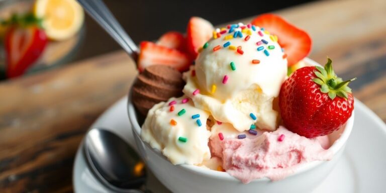 Bowl of colorful homemade ice cream with toppings.