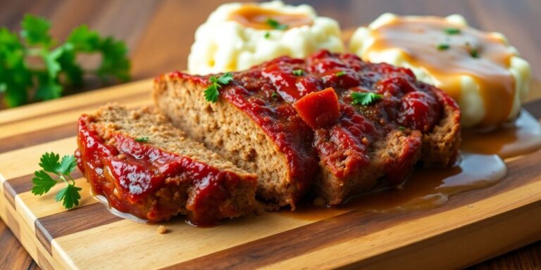 Homemade meatloaf with mashed potatoes on a wooden board.