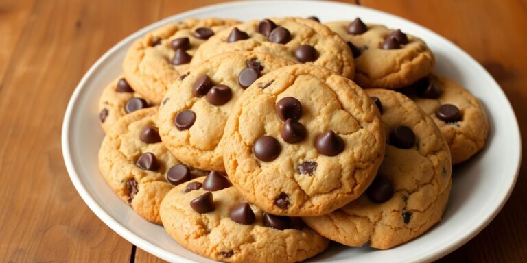 Freshly baked chocolate chip cookies on a plate.