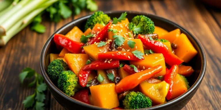 Colorful vegan stir-fry with fresh vegetables in a bowl.