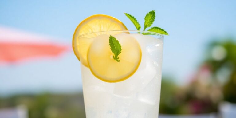 A glass of lemonade with lemon slice and mint.