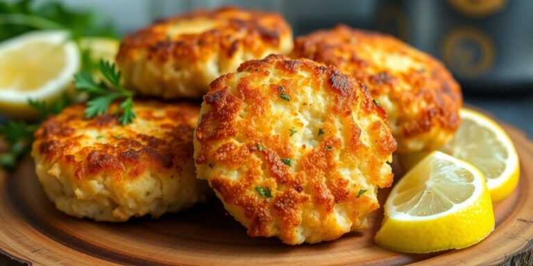 Crispy crab cakes with herbs and lemon on a plate.