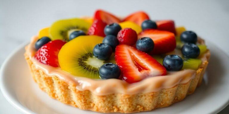 Colorful fruit tart with fresh strawberries, kiwi, and blueberries.