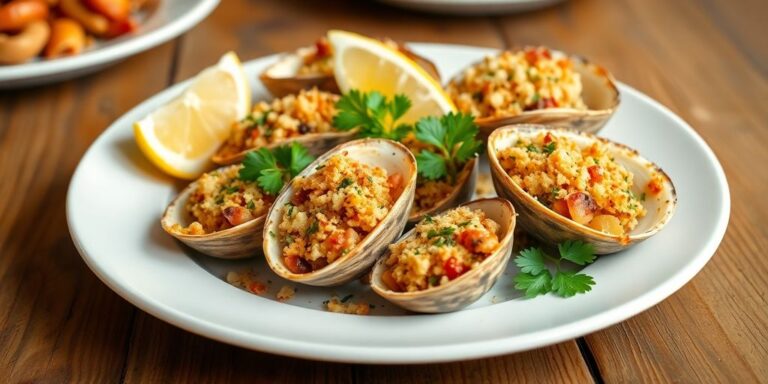 Baked clams casino with herbs and breadcrumbs on a plate.