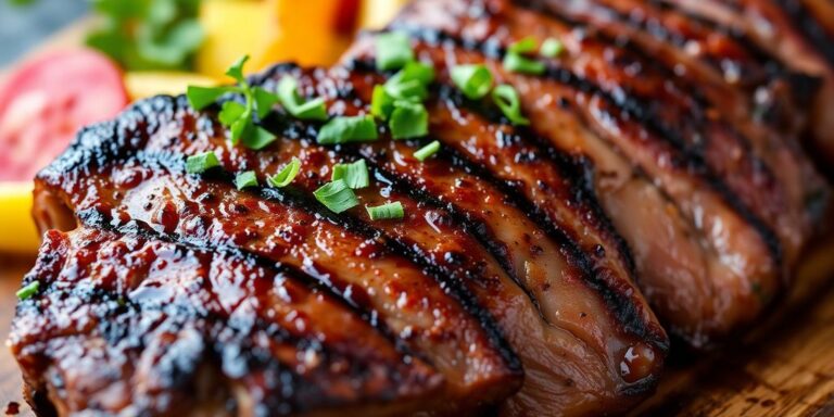 Delicious grilled steak with herbs on a wooden plate.