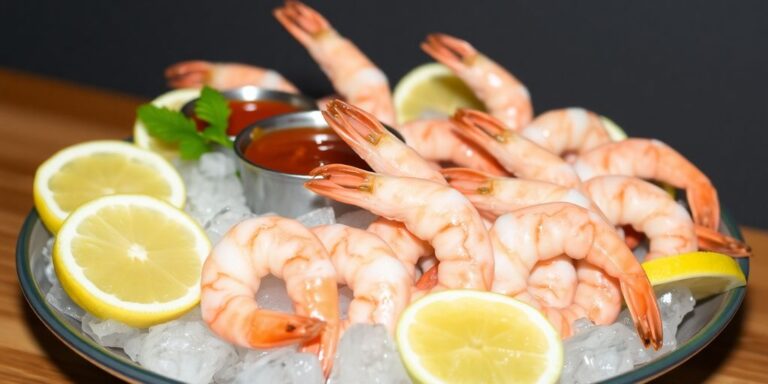 Plate of shrimp cocktail with lemon and sauce.