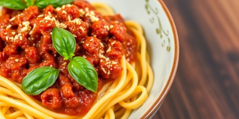 Bowl of vegan bolognese sauce over spaghetti.